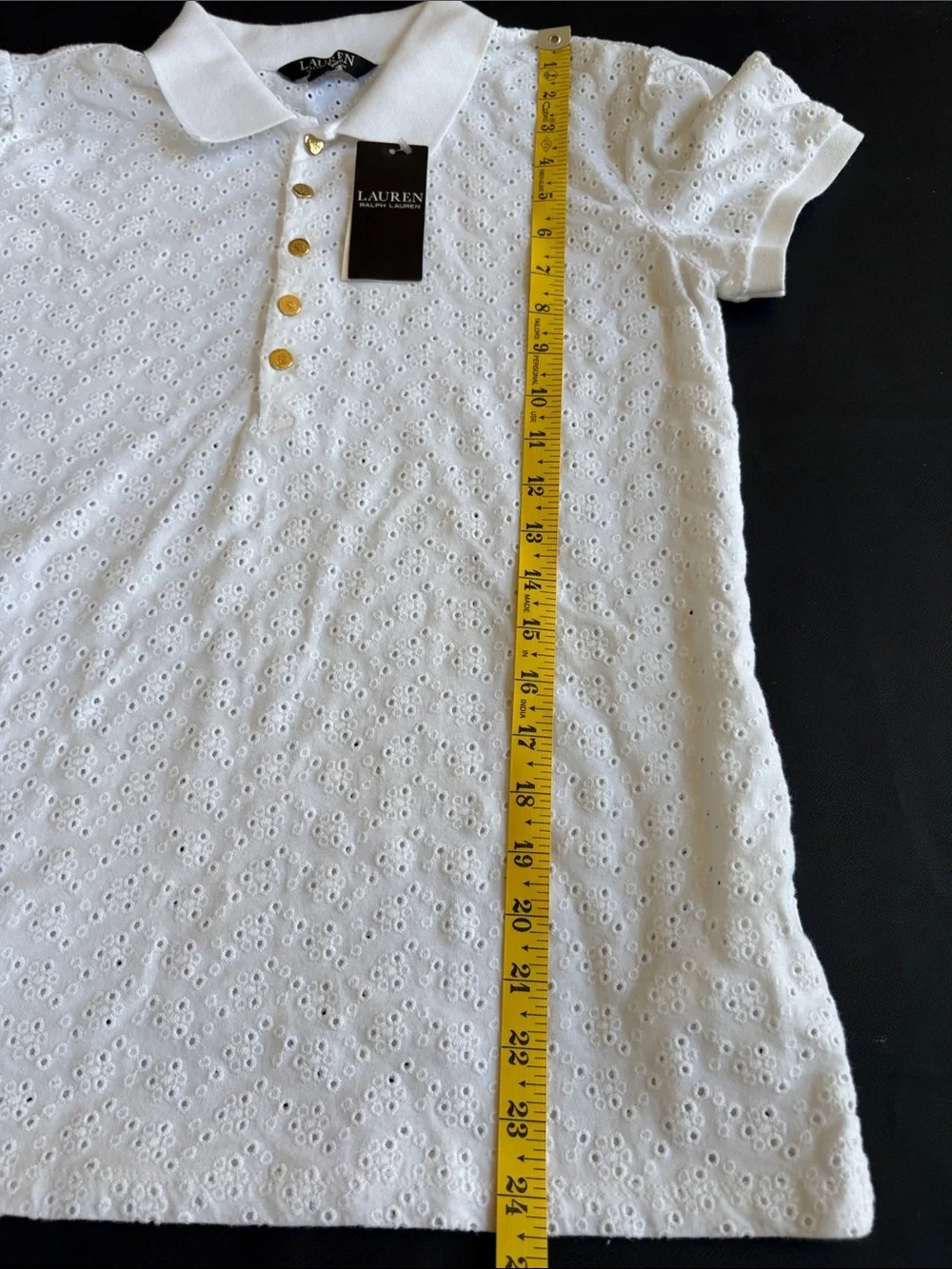 NWT Lauren Ralph Lauren White Cotton Eyelet Polo Top Puff Sleeve M